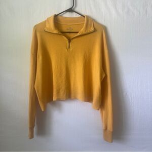 Hollister Mustard Yellow Waffle Knit Quarter Zip Cropped Sweater Womens XS Baggy